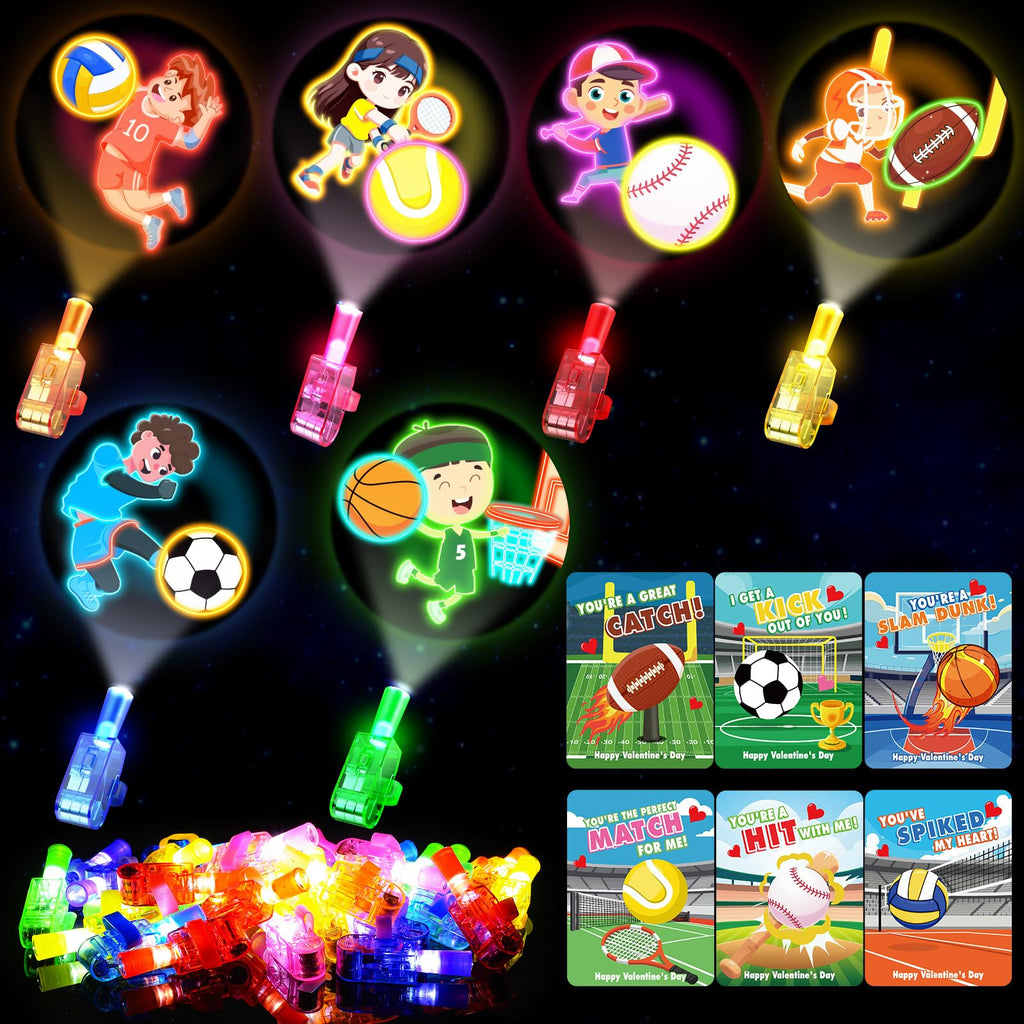CPSYUB 28-Pack Sports Valentines LED Finger Lights with Cards – Glow-in-the-Dark Kids Party Favors