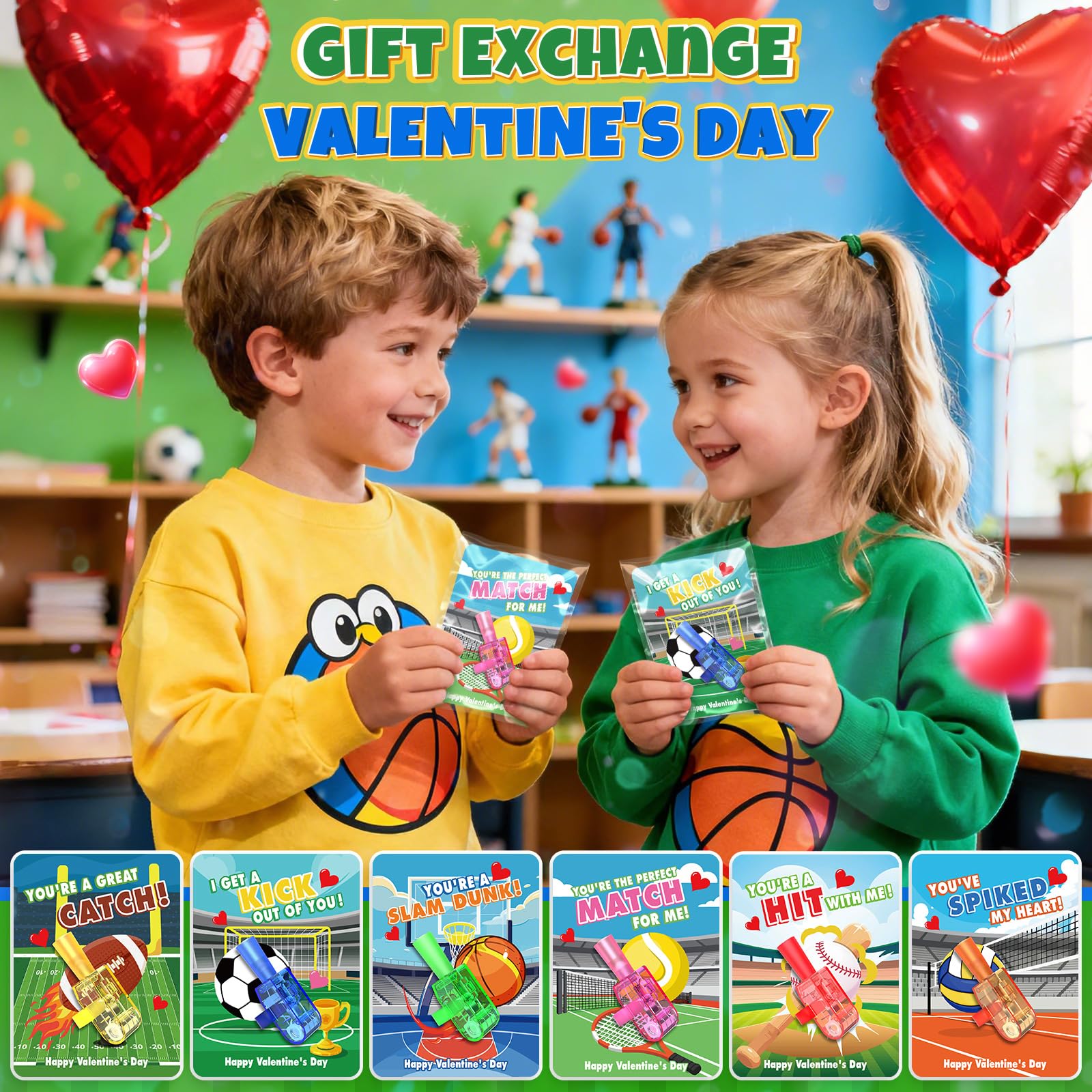 CPSYUB 28-Pack Sports Valentines LED Finger Lights with Cards – Glow-in-the-Dark Kids Party Favors