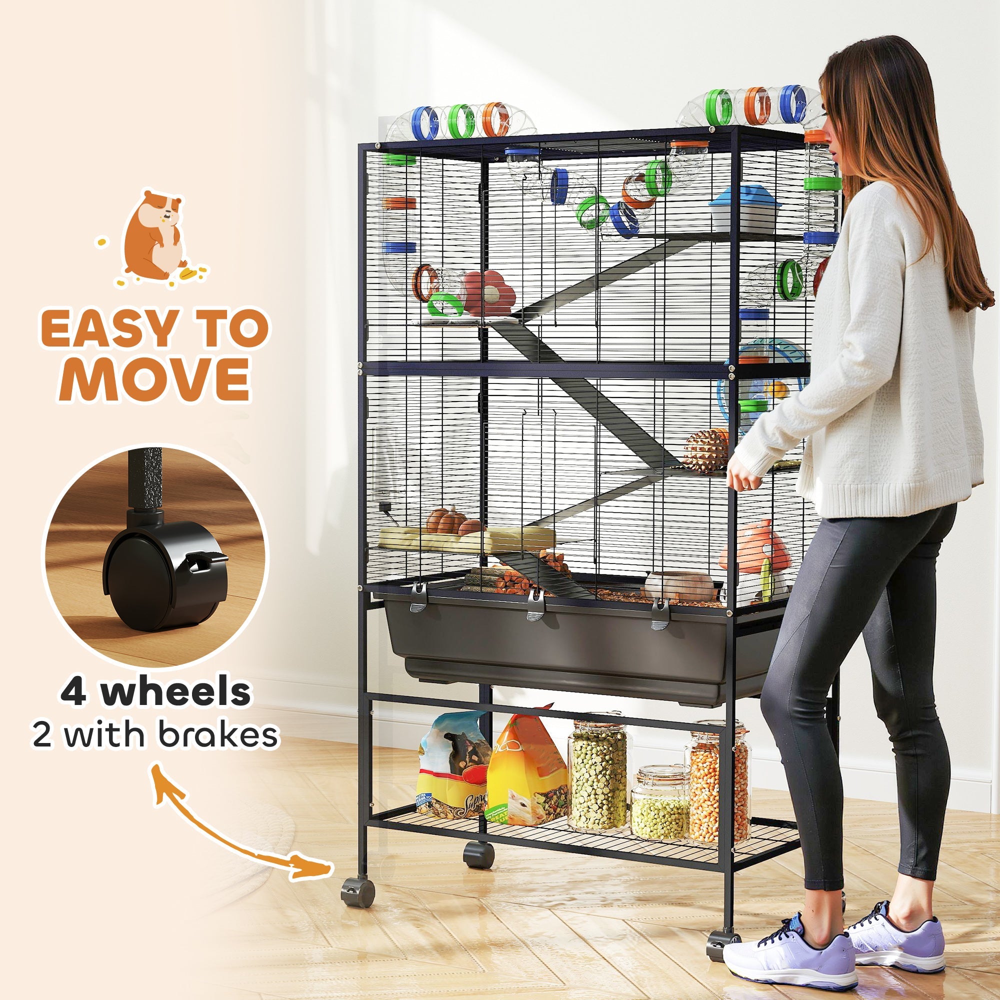 PawHut 5 Tier Large Hamster Cage on Wheels with 17 cm Deep Tray, Storage Shelf for Syrian, Gerbil, Rats