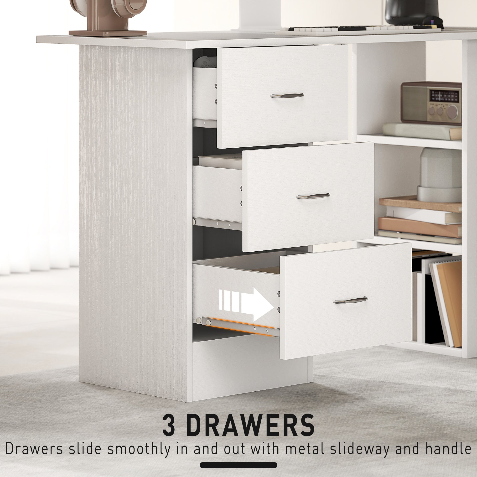 HOMCOM Computer Desk, Writing Table, PC Workstation with 3 Storage Shelves and Drawers, Silver Handle, for Home Office, White