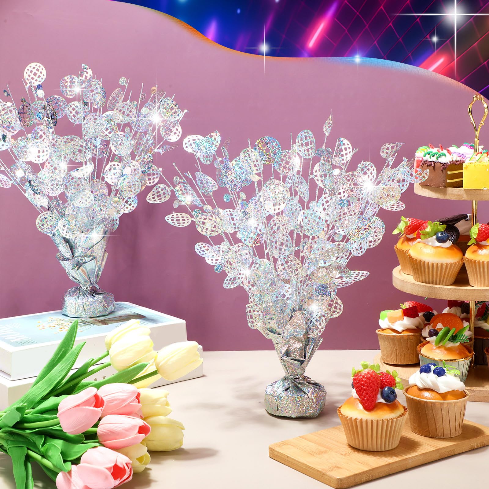 CraftyDream 3 Pcs Disco Table Decorations - Silver Glitter Foil Spray Centerpieces