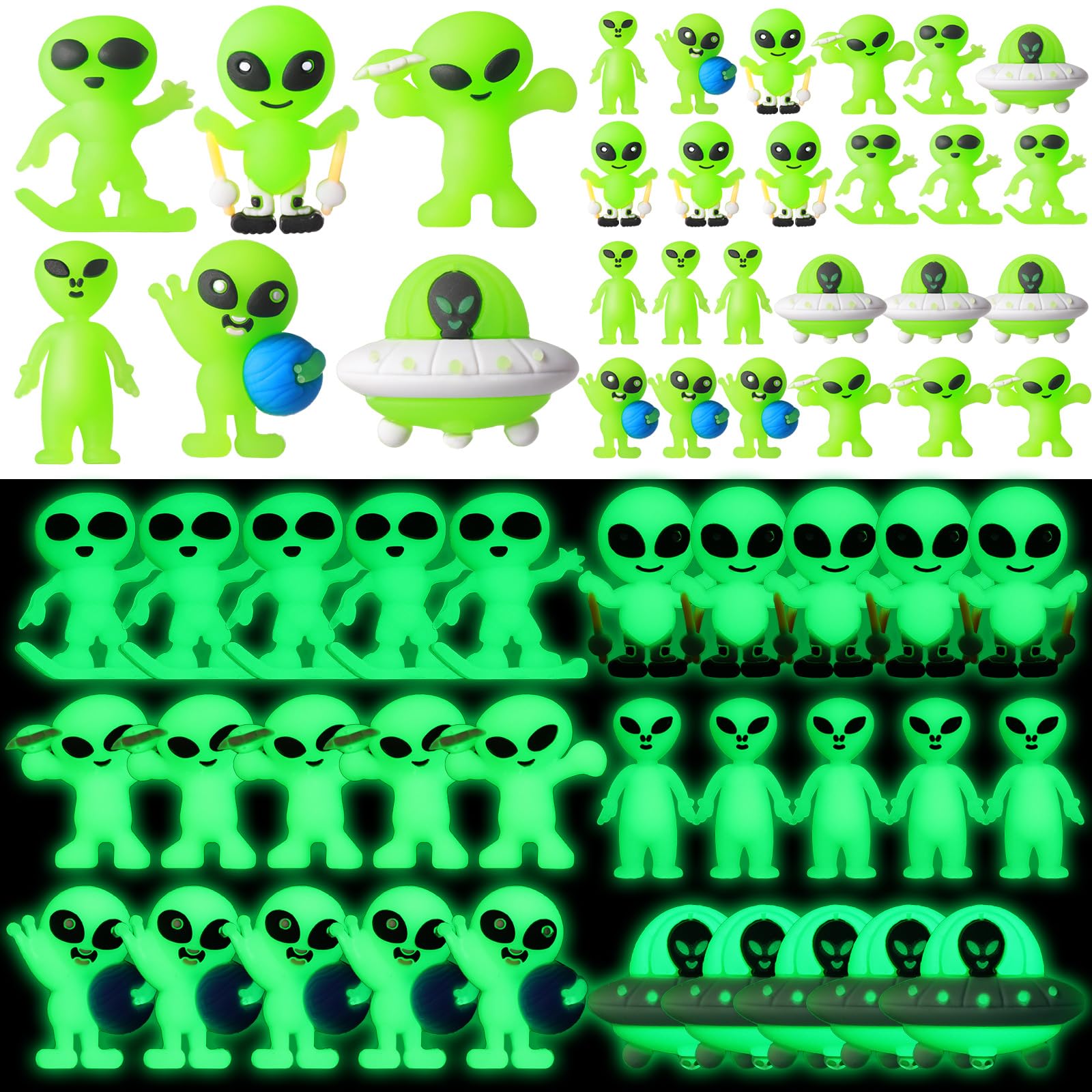 CroBlissful 60 Pcs Mini Alien Figures Glow-in-the-Dark – 6 Styles for Party Favors & Piñatas