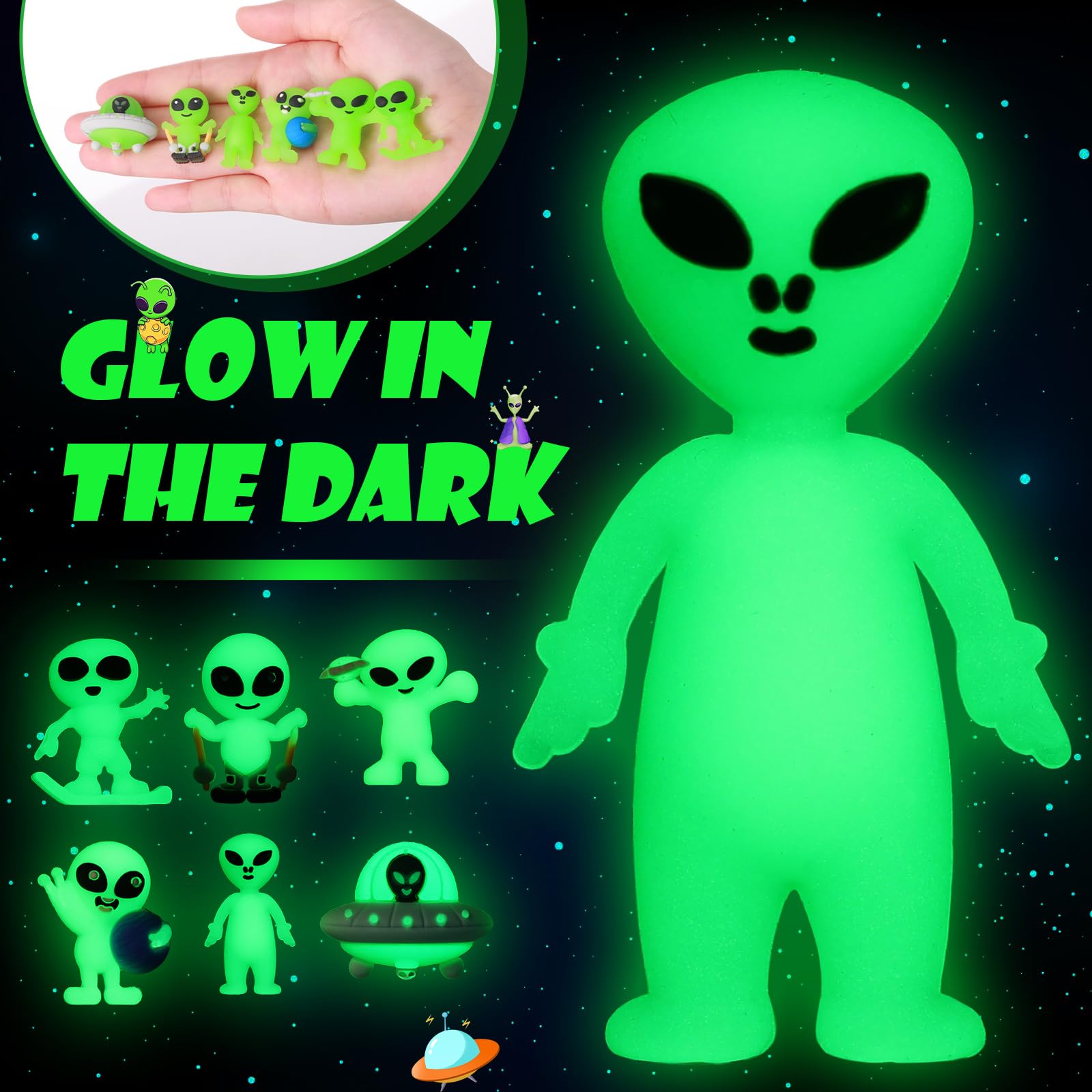 CroBlissful 60 Pcs Mini Alien Figures Glow-in-the-Dark – 6 Styles for Party Favors & Piñatas