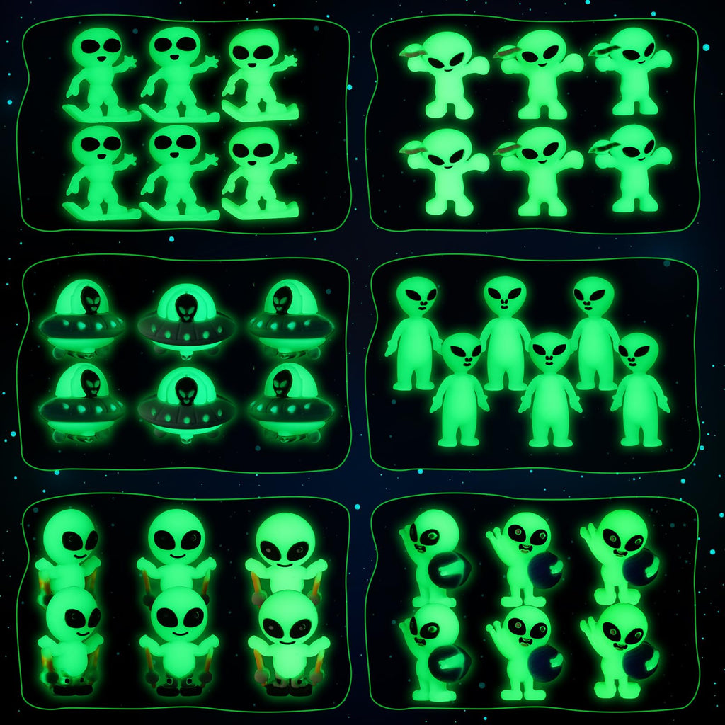 CroBlissful 60 Pcs Mini Alien Figures Glow-in-the-Dark – 6 Styles for Party Favors & Piñatas