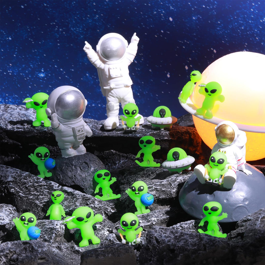 CroBlissful 60 Pcs Mini Alien Figures Glow-in-the-Dark – 6 Styles for Party Favors & Piñatas