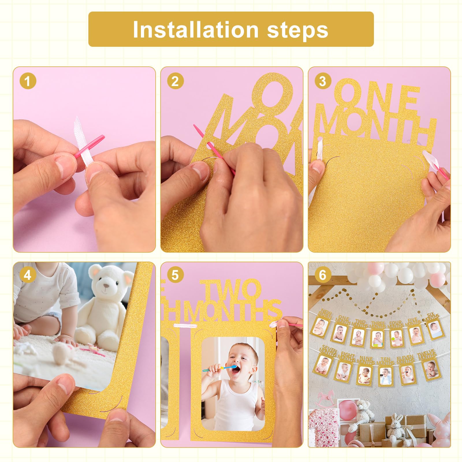 Crosize 1st Birthday Photo Banner – 4x6 or 5x7 Frame, Newborn to 12 Months, Milestones Garland (Gold)