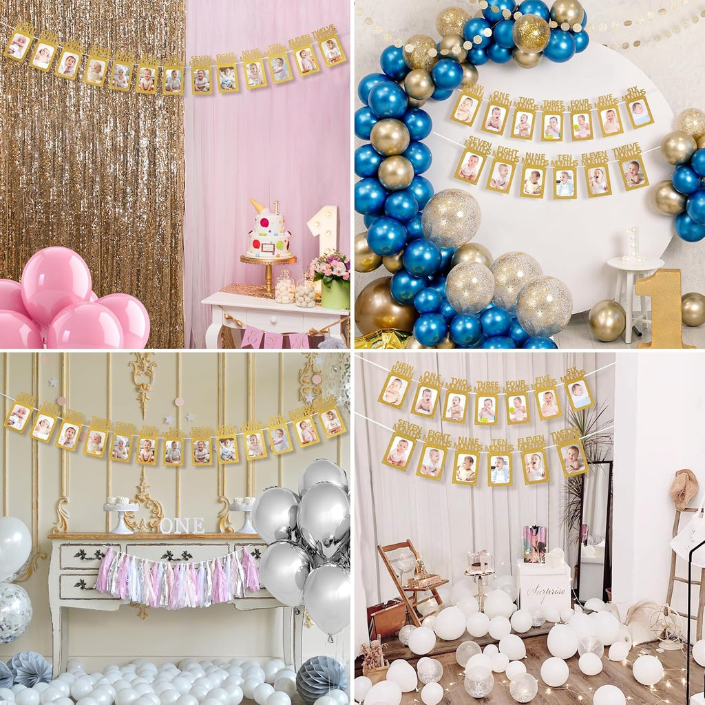 Crosize 1st Birthday Photo Banner – 4x6 or 5x7 Frame, Newborn to 12 Months, Milestones Garland (Gold)