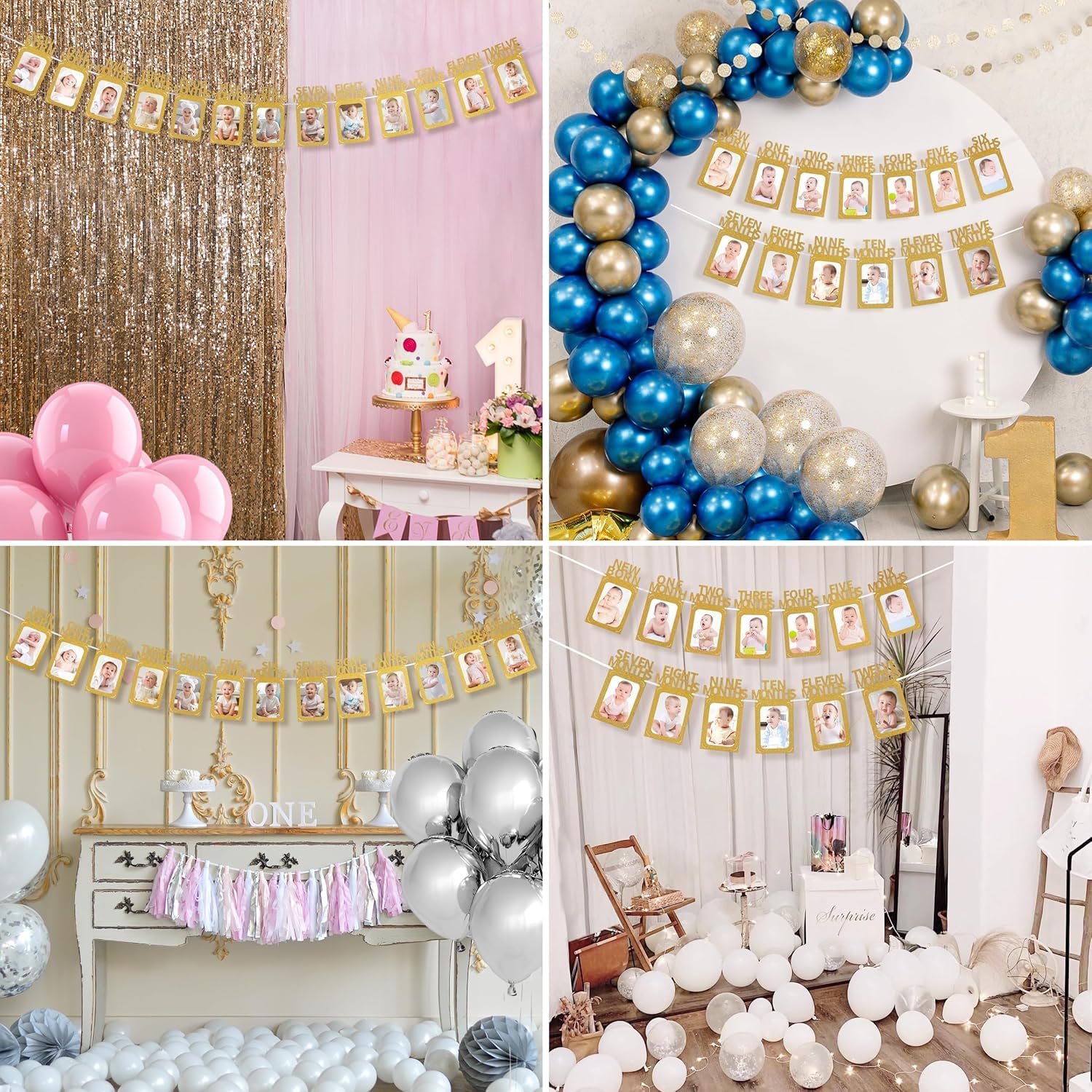 Crosize 1st Birthday Photo Banner – 4x6 or 5x7 Frame, Newborn to 12 Months, Milestones Garland (Gold)