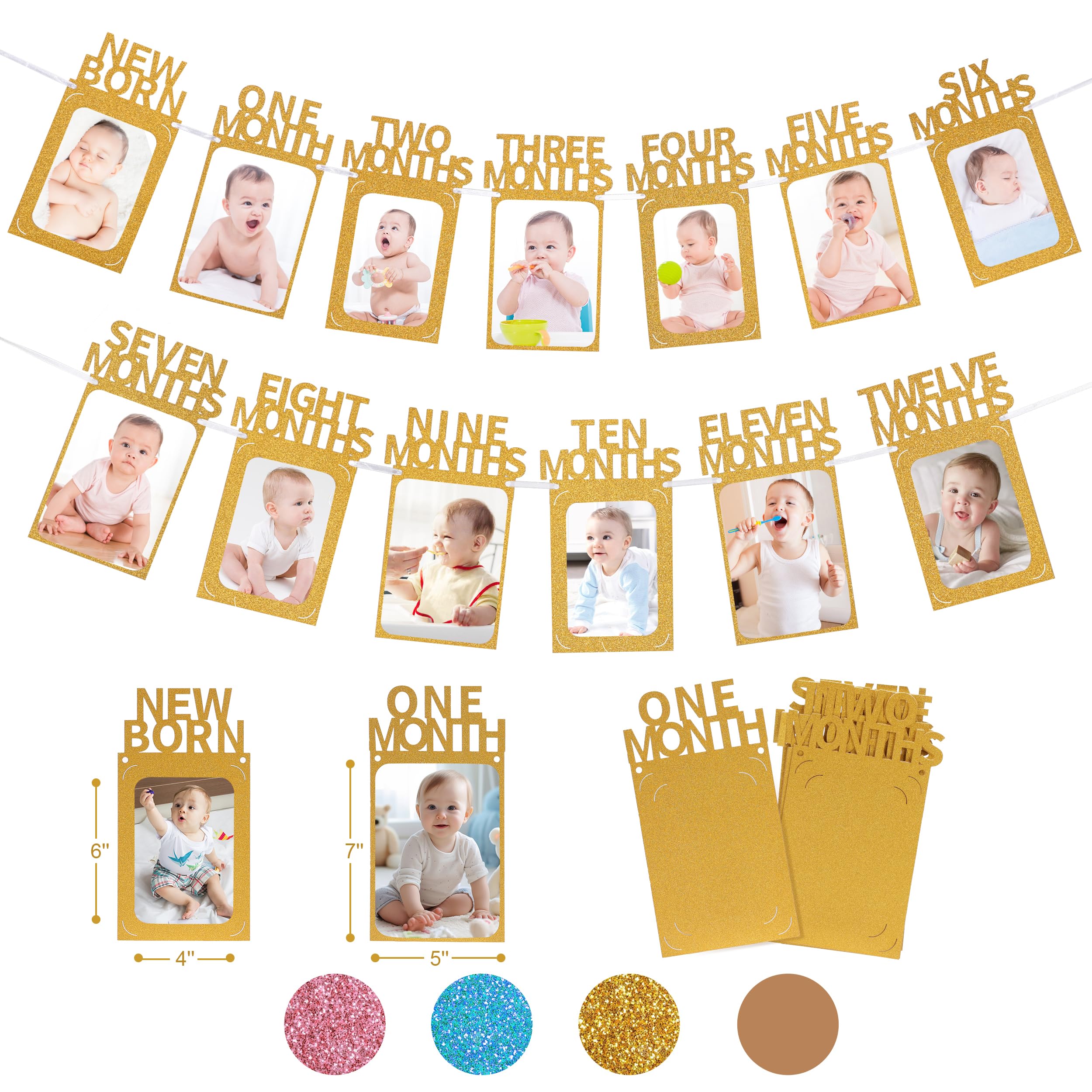 Crosize 1st Birthday Photo Banner – 4x6 or 5x7 Frame, Newborn to 12 Months, Milestones Garland (Gold)