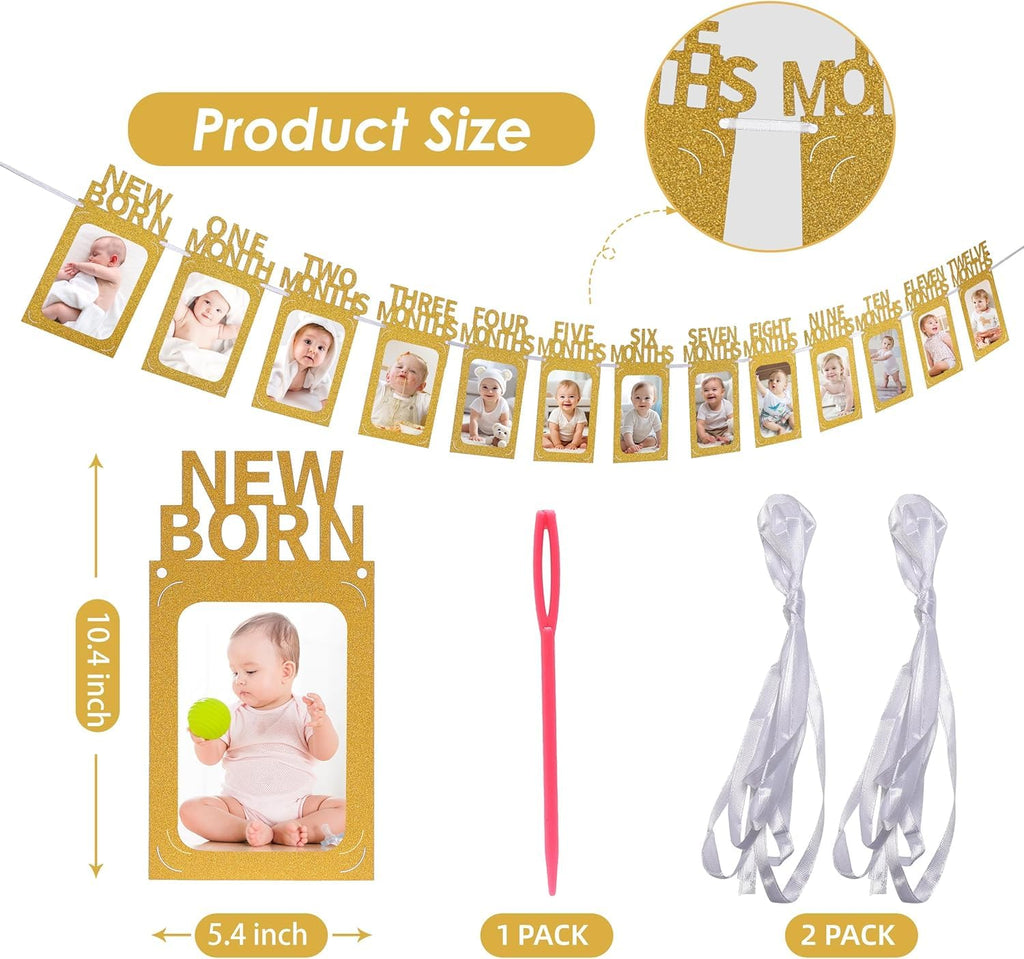 Crosize 1st Birthday Photo Banner – 4x6 or 5x7 Frame, Newborn to 12 Months, Milestones Garland (Gold)