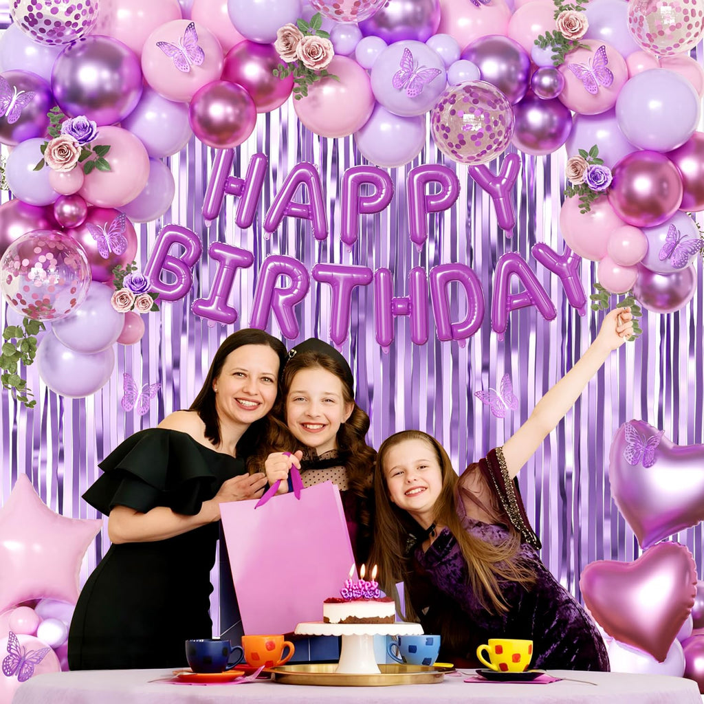 CROSSFINGERS Purple Pink Birthday Decorations – Balloons, Banner & Fringe Curtains