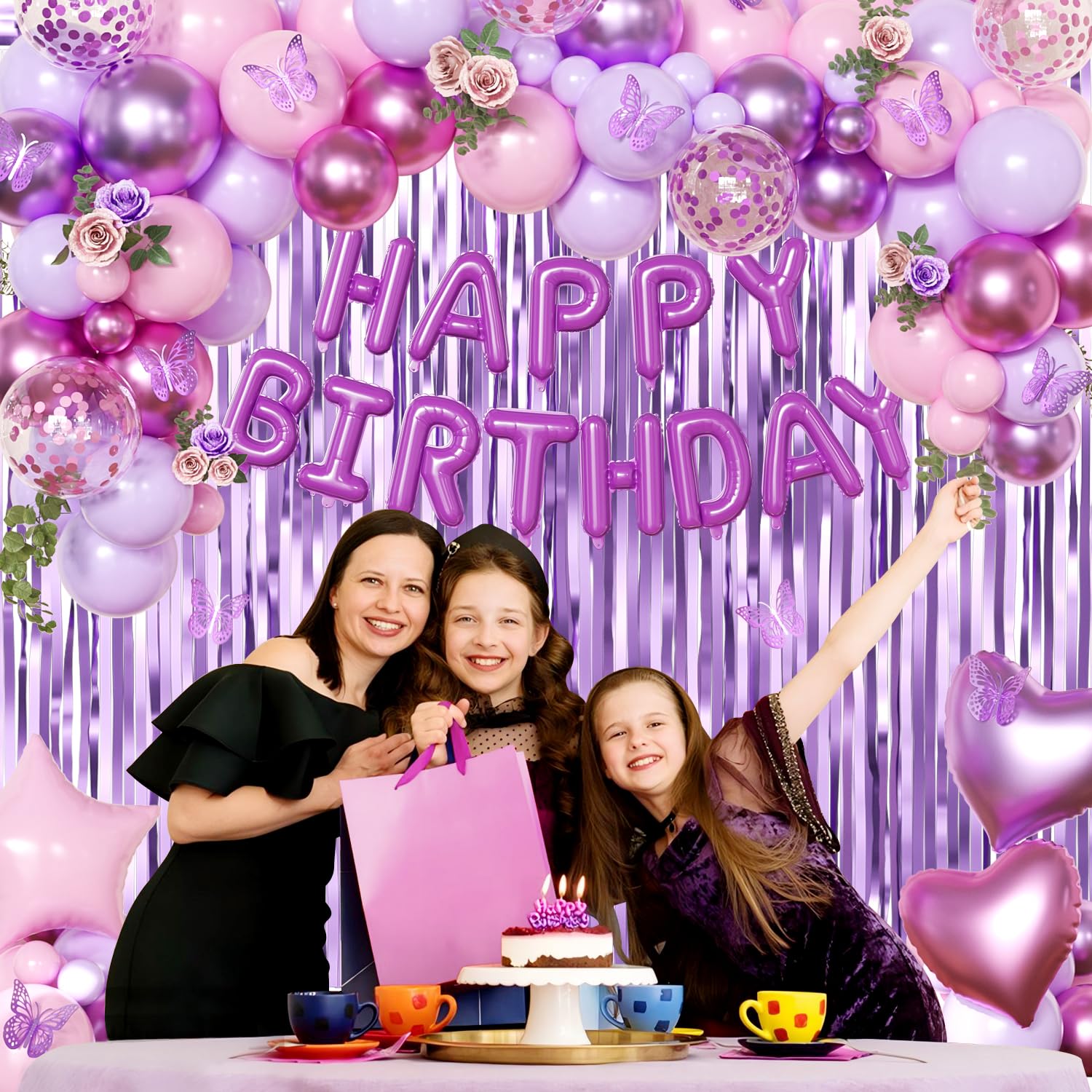 CROSSFINGERS Purple Pink Birthday Decorations – Balloons, Banner & Fringe Curtains