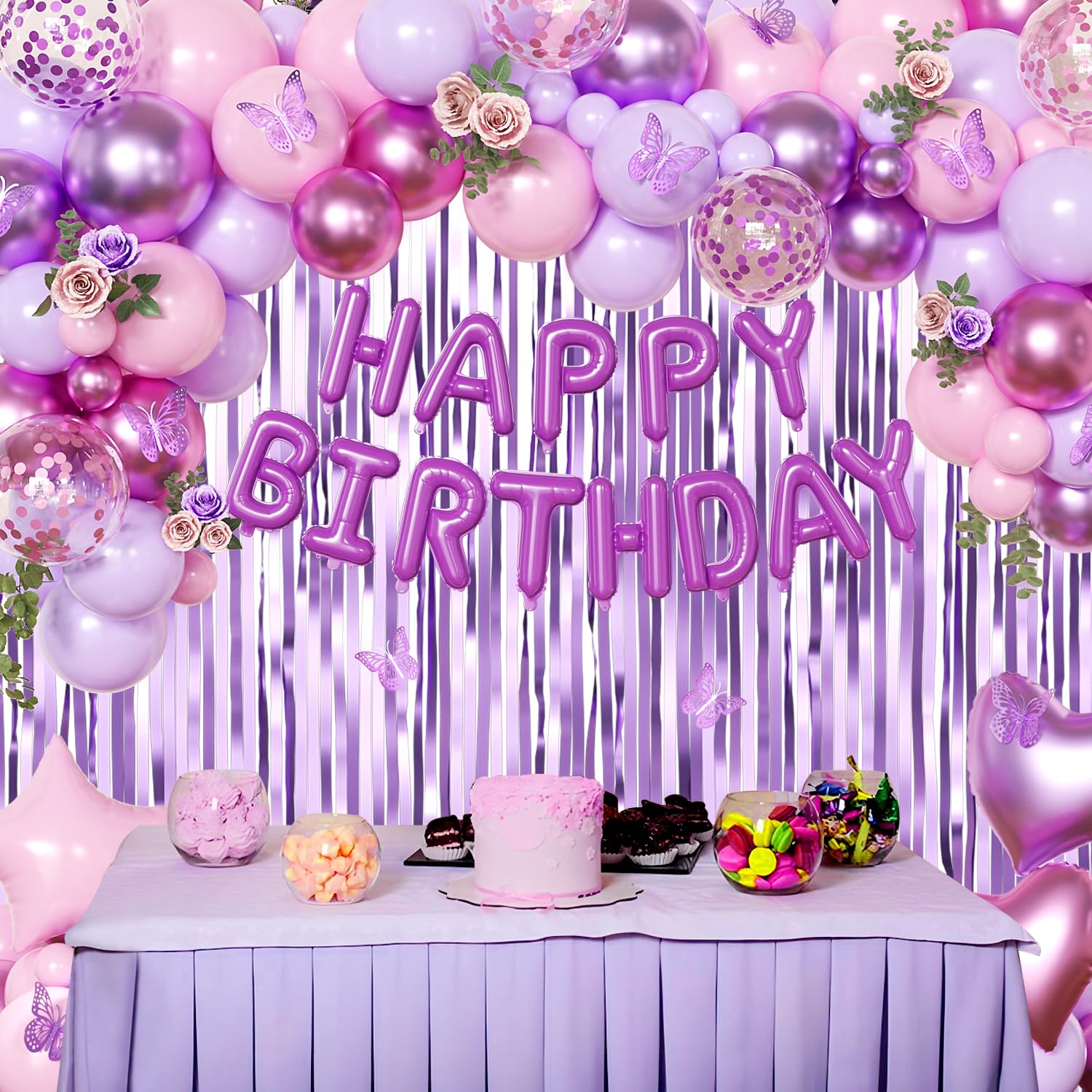 CROSSFINGERS Purple Pink Birthday Decorations – Balloons, Banner & Fringe Curtains