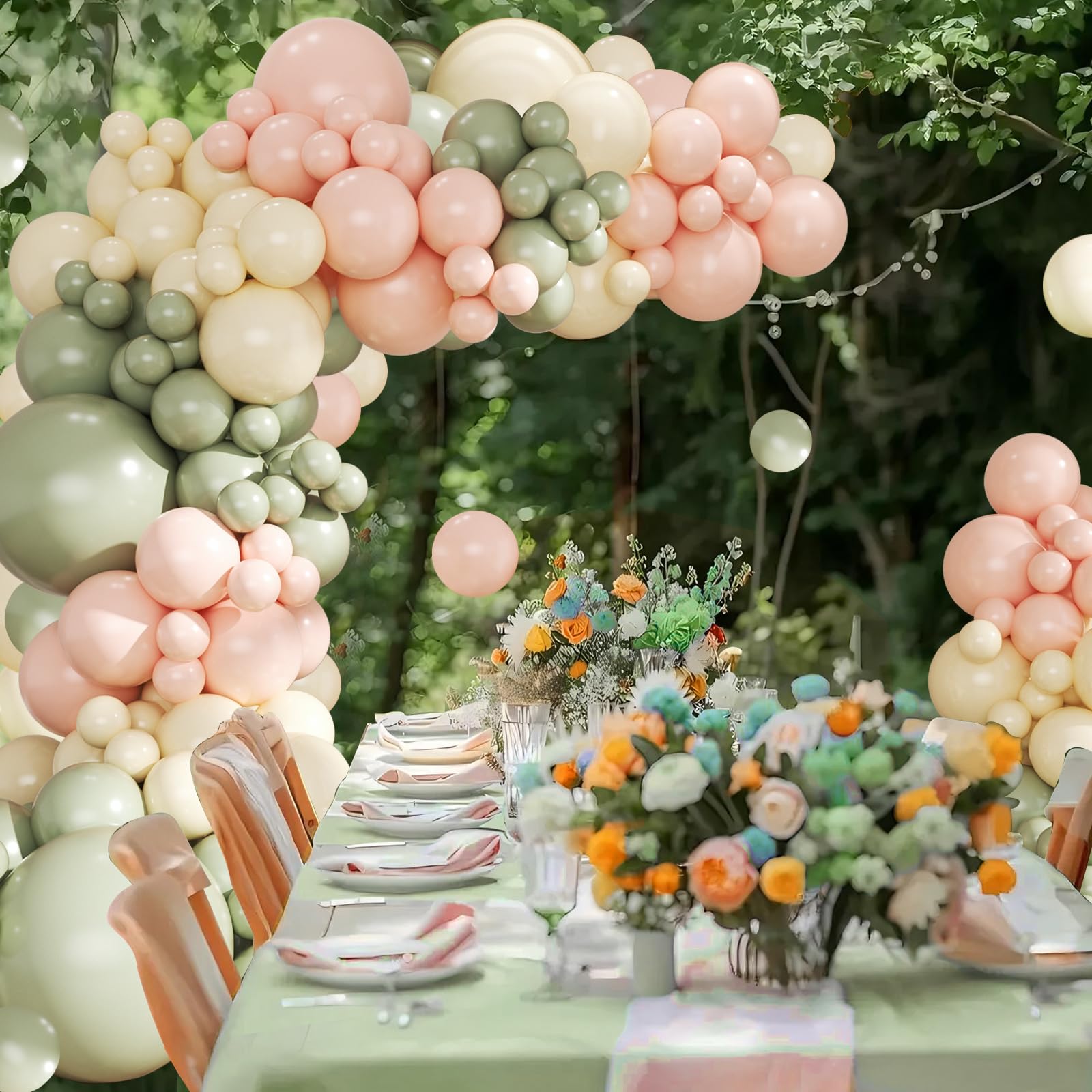 Crossfingers Pink & Green Balloon Arch Kit – 124Pcs Sage Green, Peach & Ivory Balloons for Baby Showers, Weddings & Parties