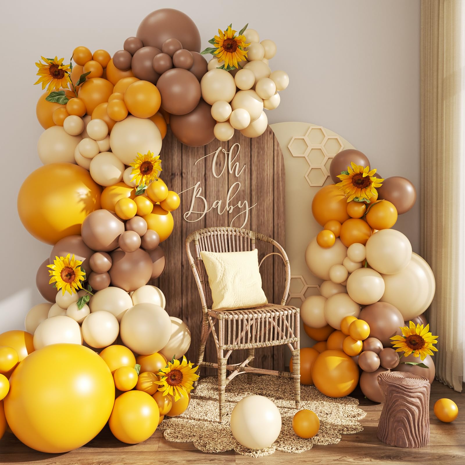 CROSSFINGERS Bee Balloon Arch Kit – Mustard Yellow, Brown, Ivory & White Balloons for Sunflower Bee Theme | Party Decor