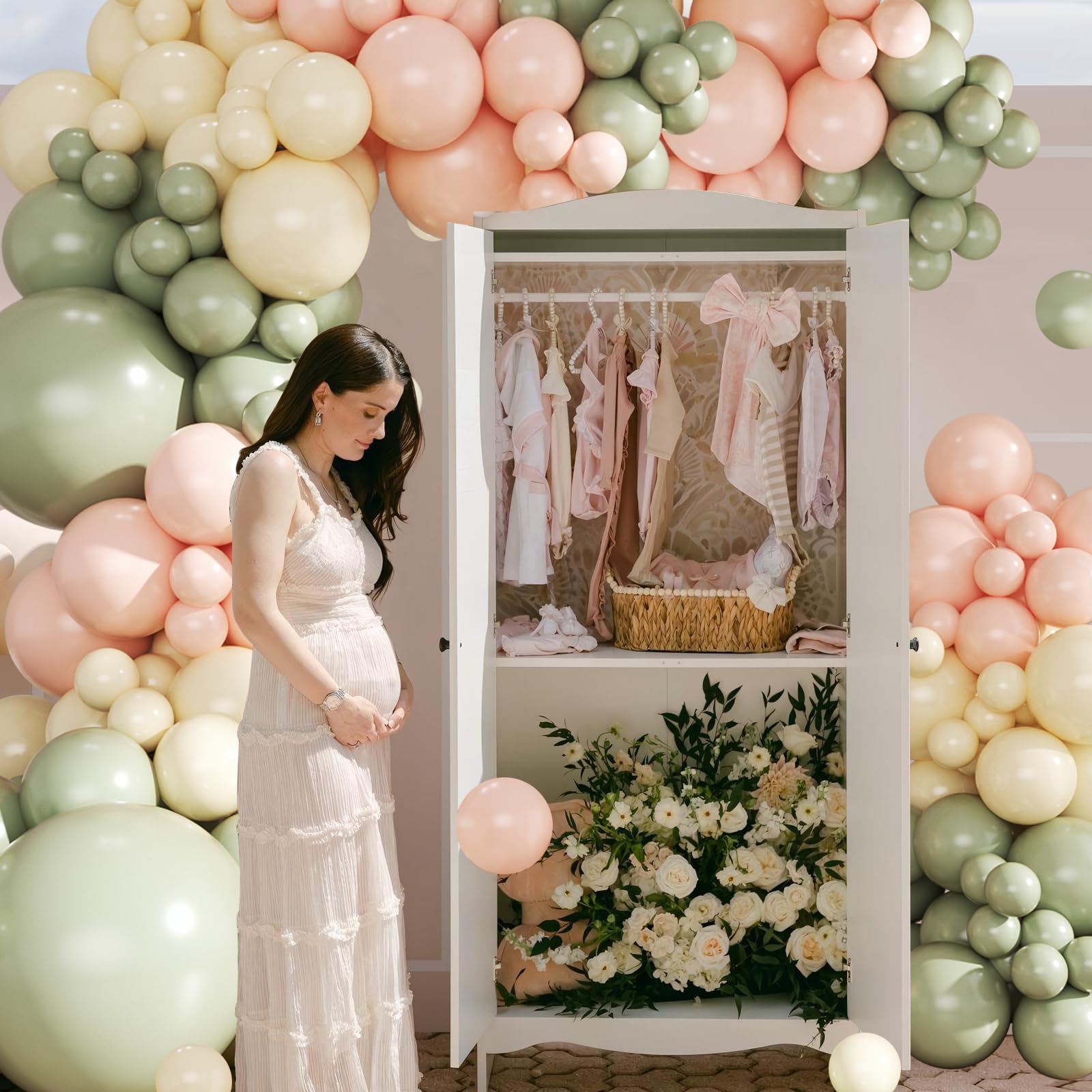 Crossfingers Pink & Green Balloon Arch Kit – 124Pcs Sage Green, Peach & Ivory Balloons for Baby Showers, Weddings & Parties