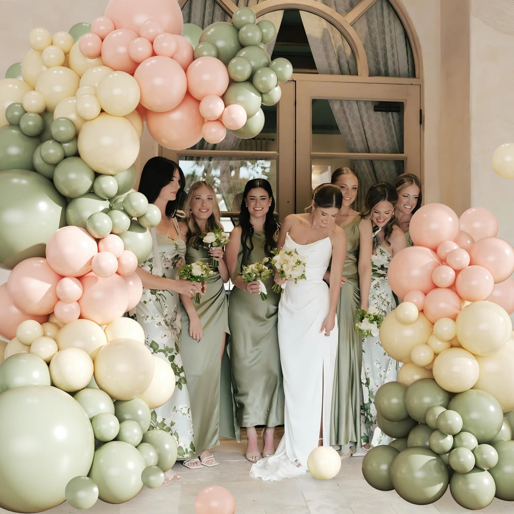 Crossfingers Pink & Green Balloon Arch Kit – 124Pcs Sage Green, Peach & Ivory Balloons for Baby Showers, Weddings & Parties