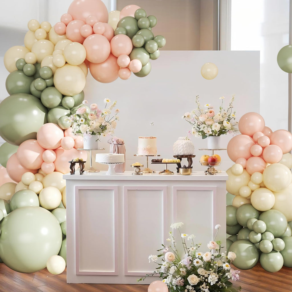 Crossfingers Pink & Green Balloon Arch Kit – 124Pcs Sage Green, Peach & Ivory Balloons for Baby Showers, Weddings & Parties