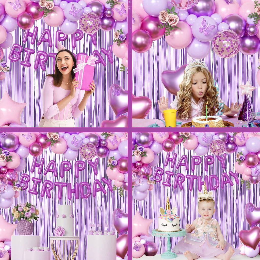 CROSSFINGERS Purple Pink Birthday Decorations – Balloons, Banner & Fringe Curtains