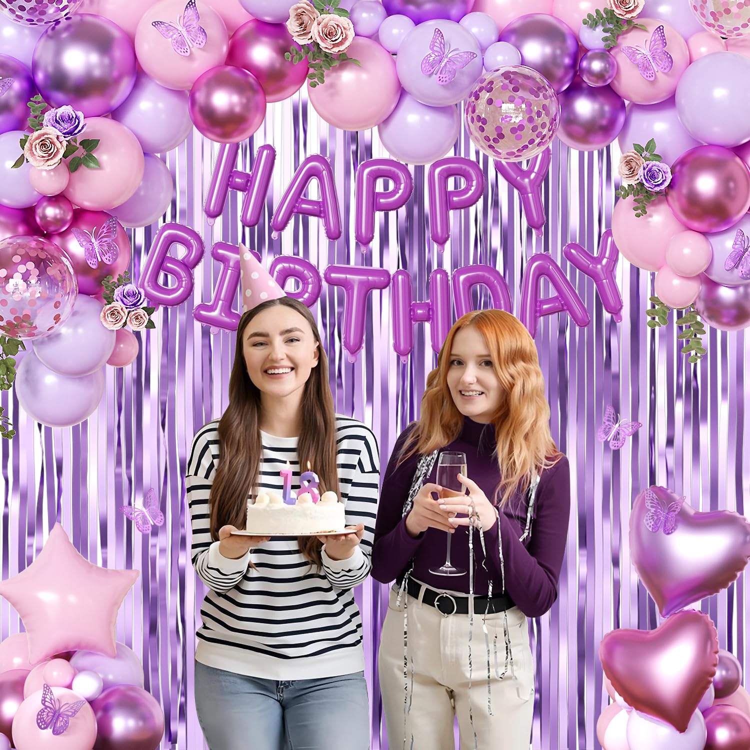 CROSSFINGERS Purple Pink Birthday Decorations – Balloons, Banner & Fringe Curtains