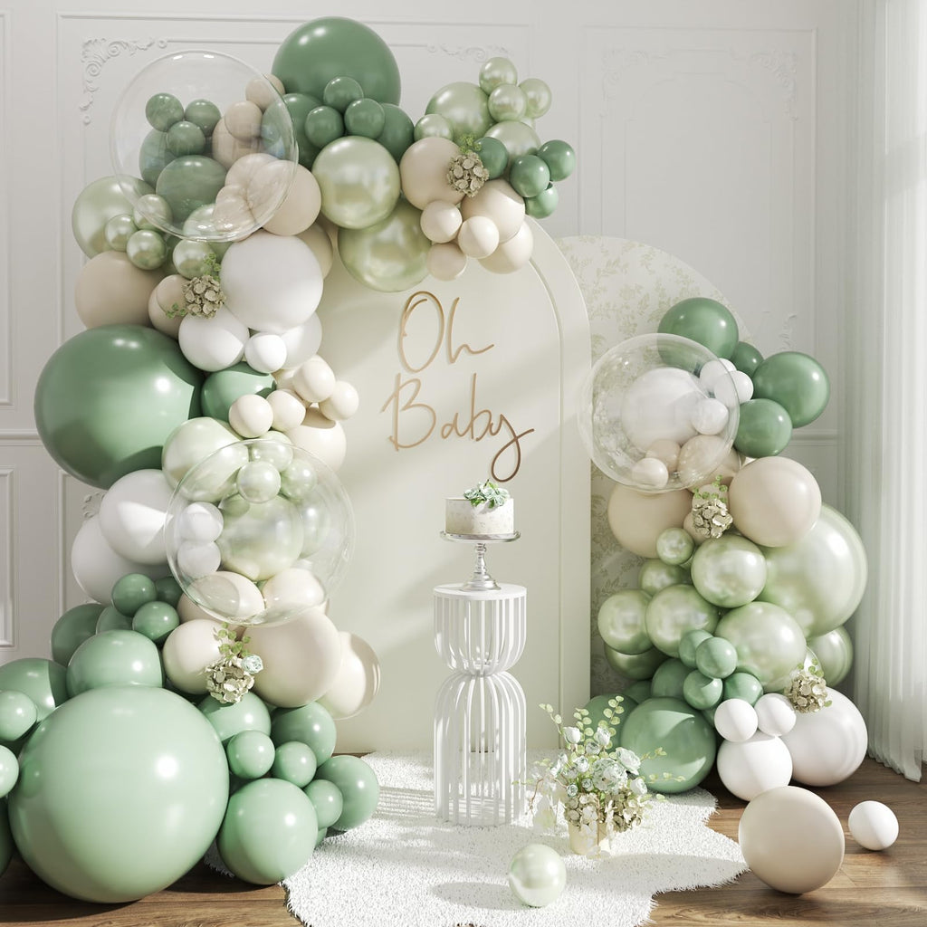 CROSSFINGERS Sage Green Balloon Arch Kit 108Pcs – Double Stuffed Pearl Green & Sage Green Balloons for Weddings, Baby Showers, and Celebrations