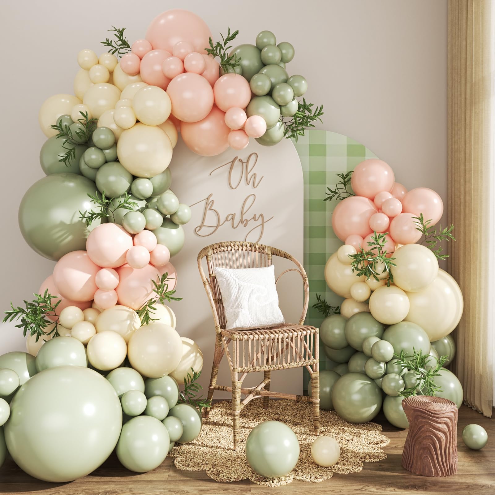 Crossfingers Pink & Green Balloon Arch Kit – 124Pcs Sage Green, Peach & Ivory Balloons for Baby Showers, Weddings & Parties