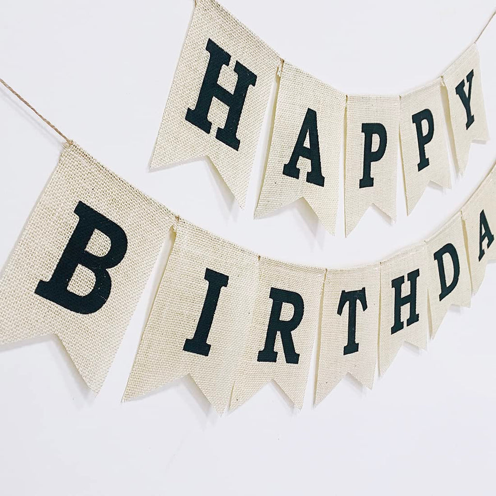 CROWNOS Burlap Happy Birthday Banner – Assembled Reusable Rustic Party Decor
