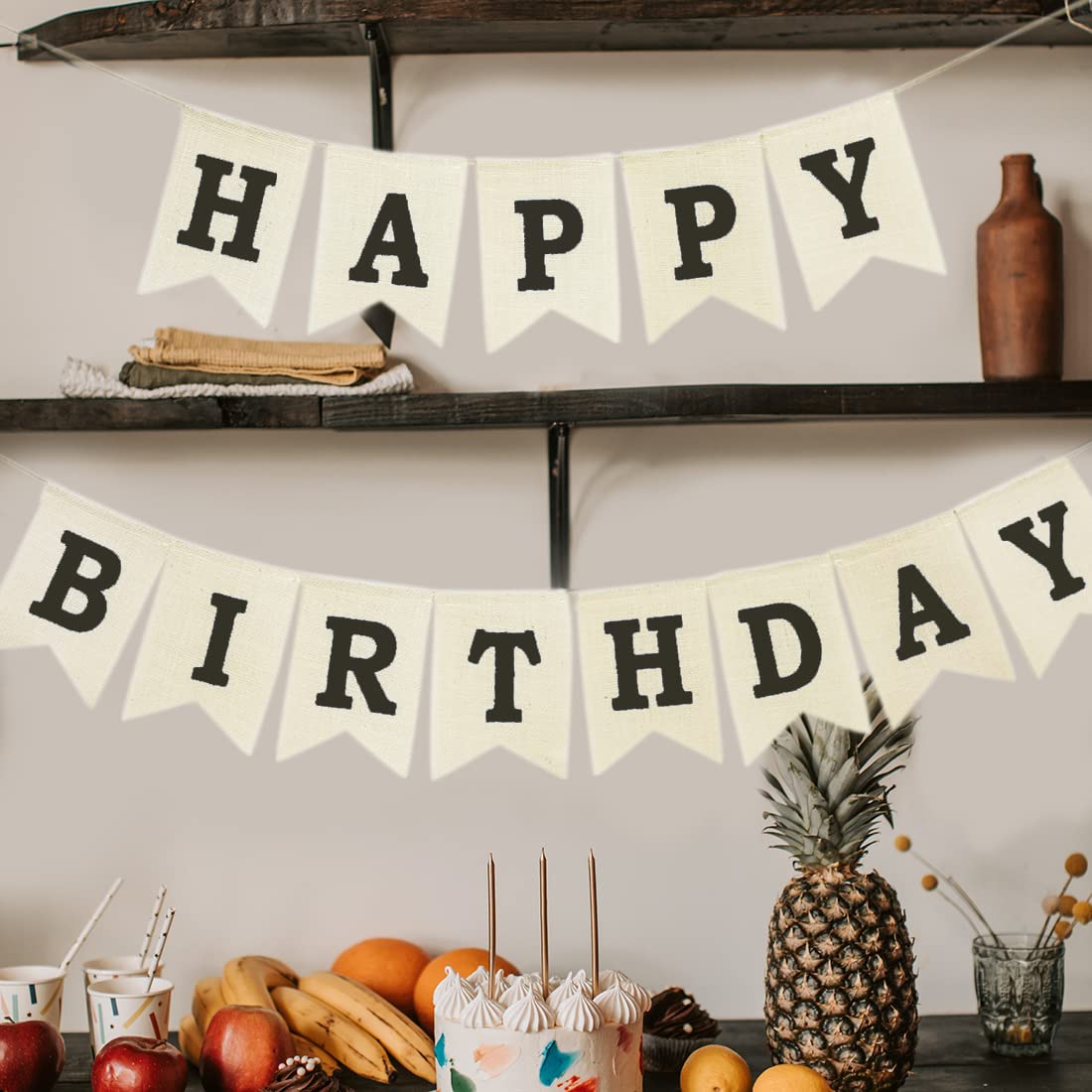 CROWNOS Burlap Happy Birthday Banner – Assembled Reusable Rustic Party Decor