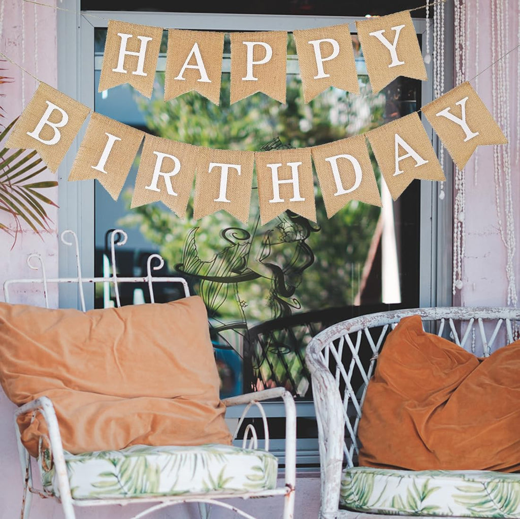 CROWNOS Happy Birthday Burlap Banner – Pre-Strung Rustic Party Sign, 6.6 ft