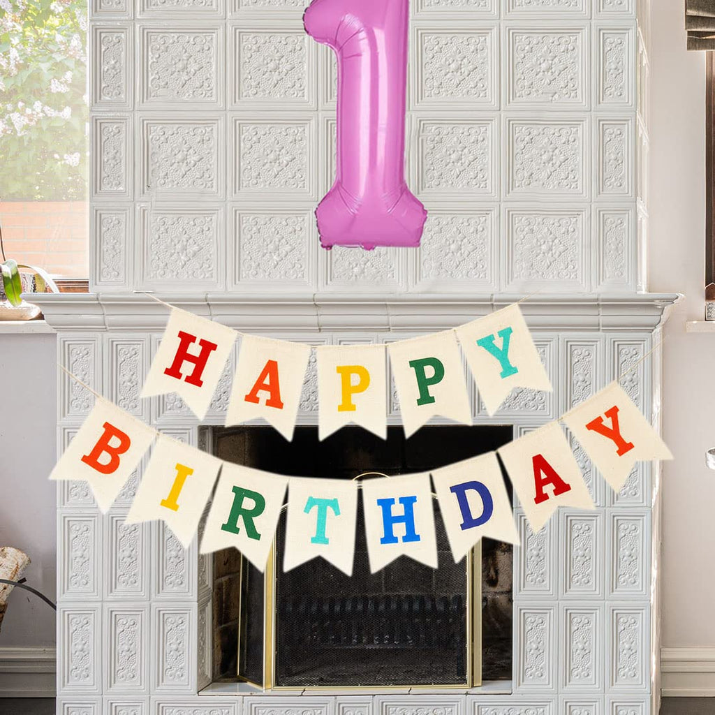 CROWNOS Burlap Happy Birthday Banner – Colorful Rustic Party Garland