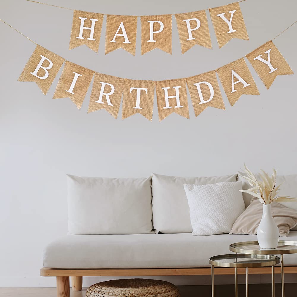 CROWNOS Happy Birthday Burlap Banner – Pre-Strung Rustic Party Sign, 6.6 ft