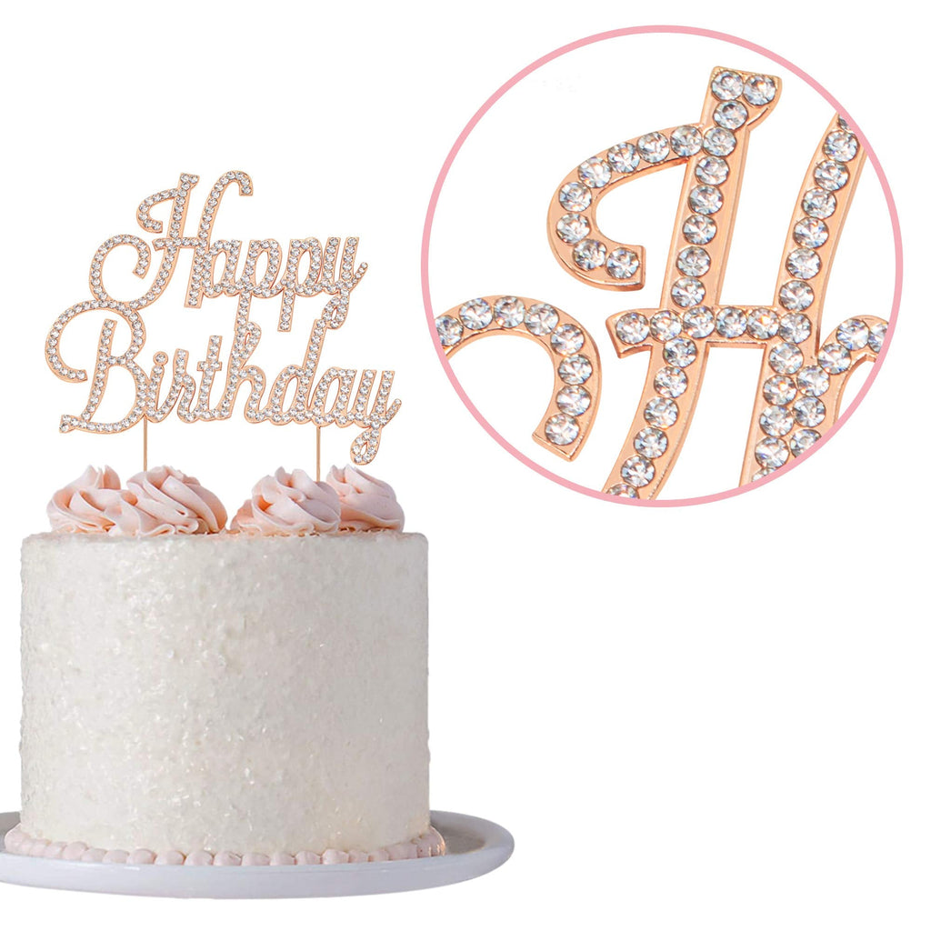 Crystal Creations Happy Birthday Cake Topper - Rose Gold Metal with Rhinestones, Protective Packaging