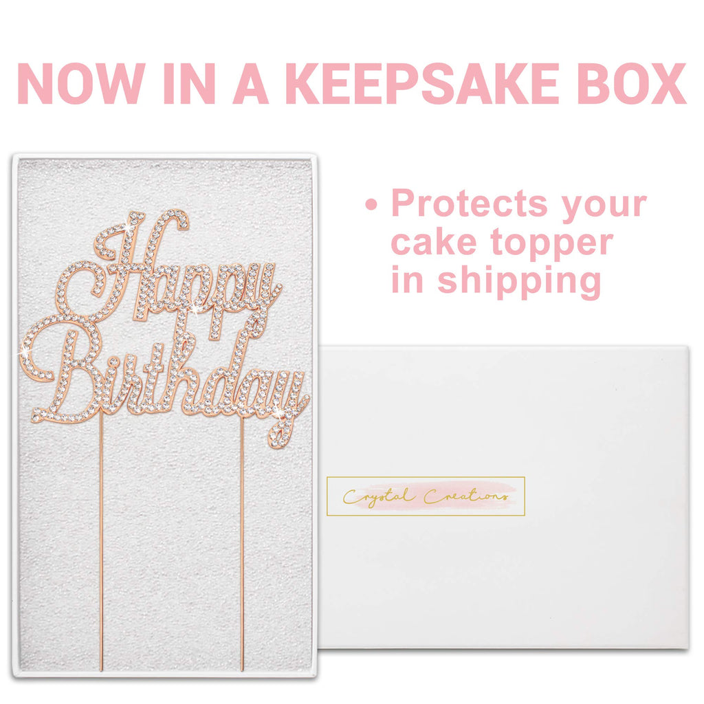 Crystal Creations Happy Birthday Cake Topper - Rose Gold Metal with Rhinestones, Protective Packaging