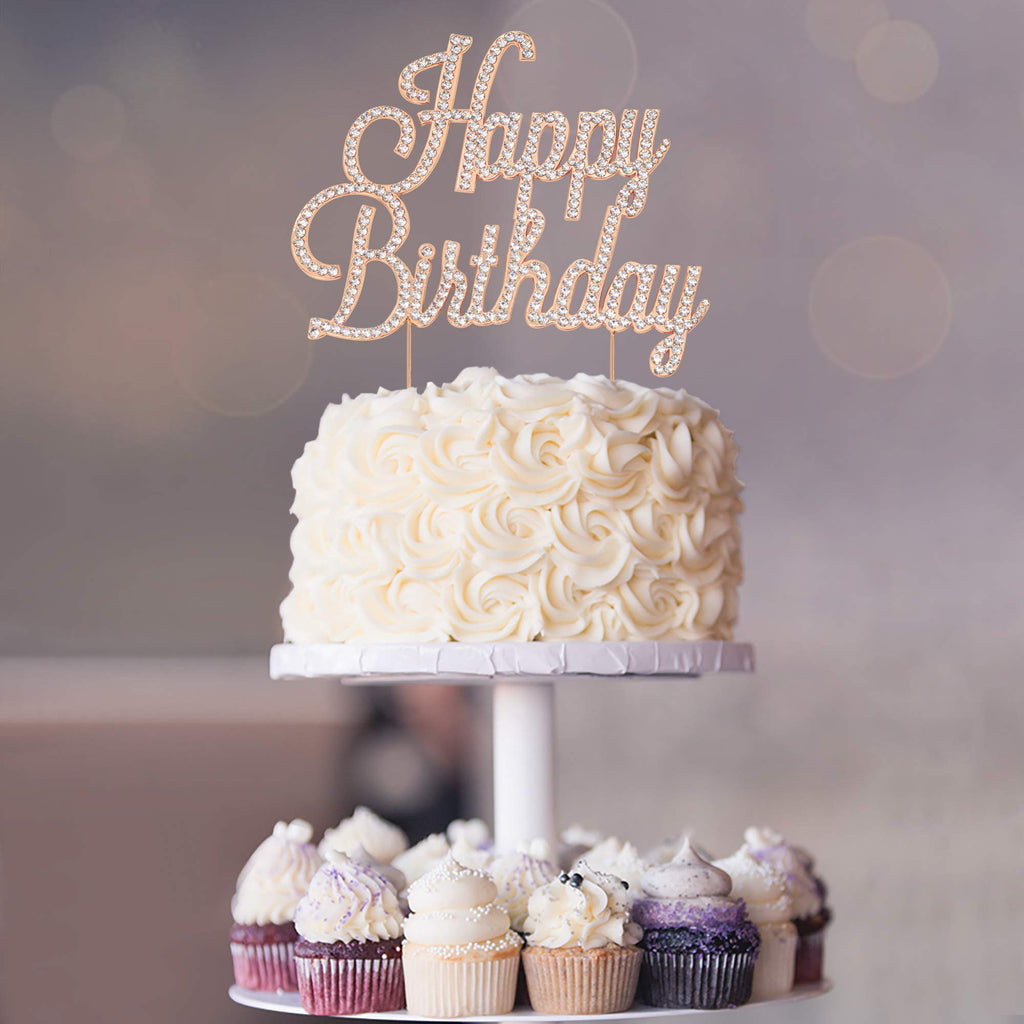 Crystal Creations Happy Birthday Cake Topper - Rose Gold Metal with Rhinestones, Protective Packaging