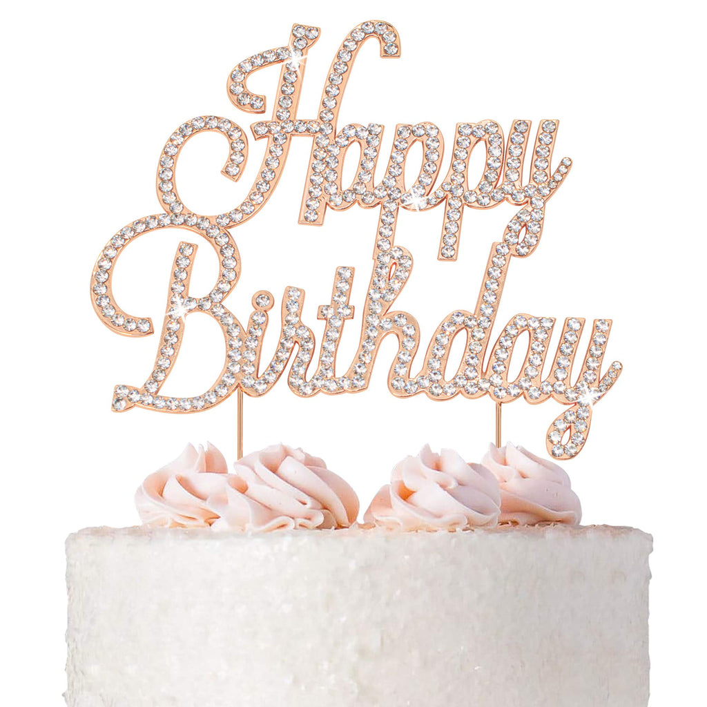 Crystal Creations Happy Birthday Cake Topper - Rose Gold Metal with Rhinestones, Protective Packaging