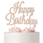 Crystal Creations Happy Birthday Cake Topper - Rose Gold Metal with Rhinestones, Protective Packaging