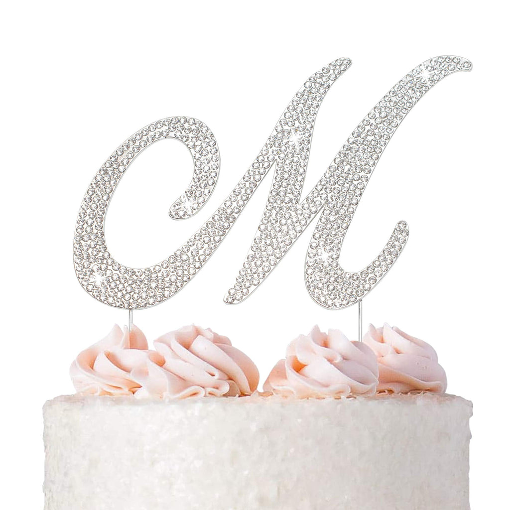 Crystal Creations Letter M Cake Topper – Premium Silver Metal with Rhinestones (Boxed for Safe Shipping)