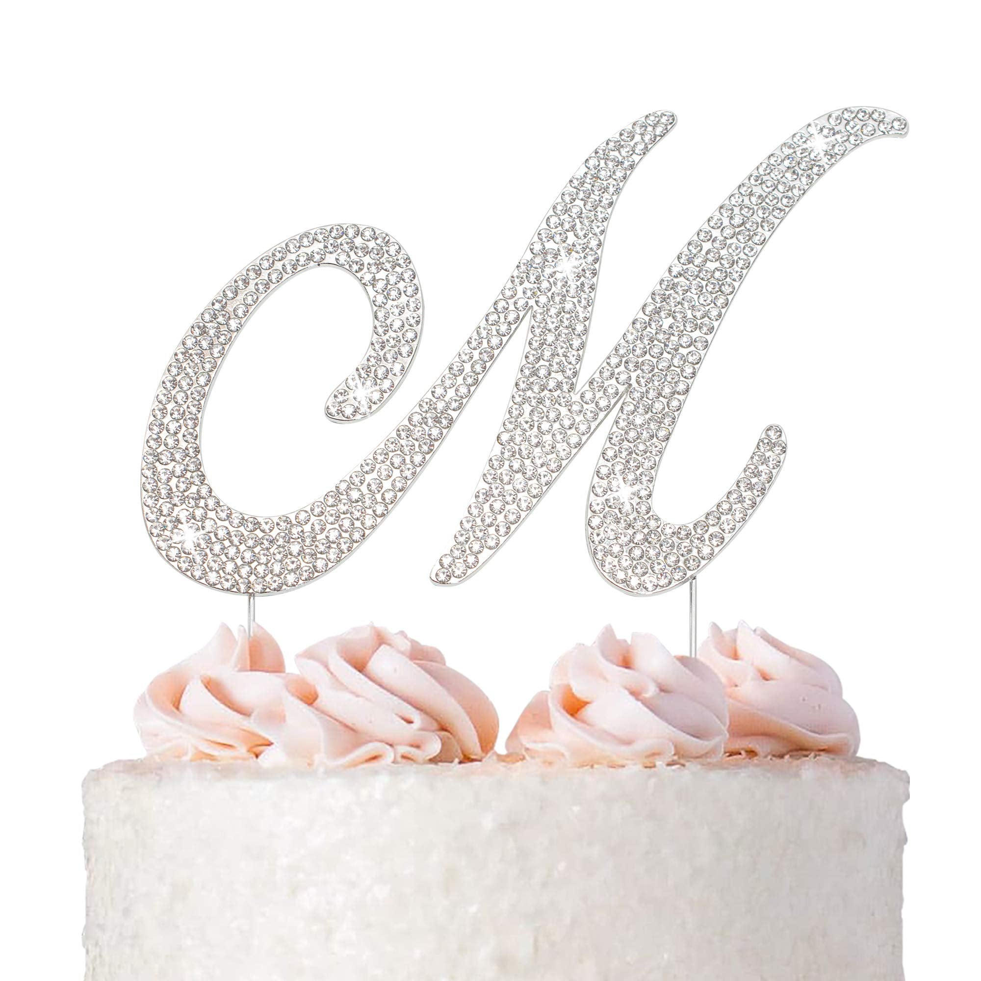 Crystal Creations Letter M Cake Topper – Premium Silver Metal with Rhinestones (Boxed for Safe Shipping)
