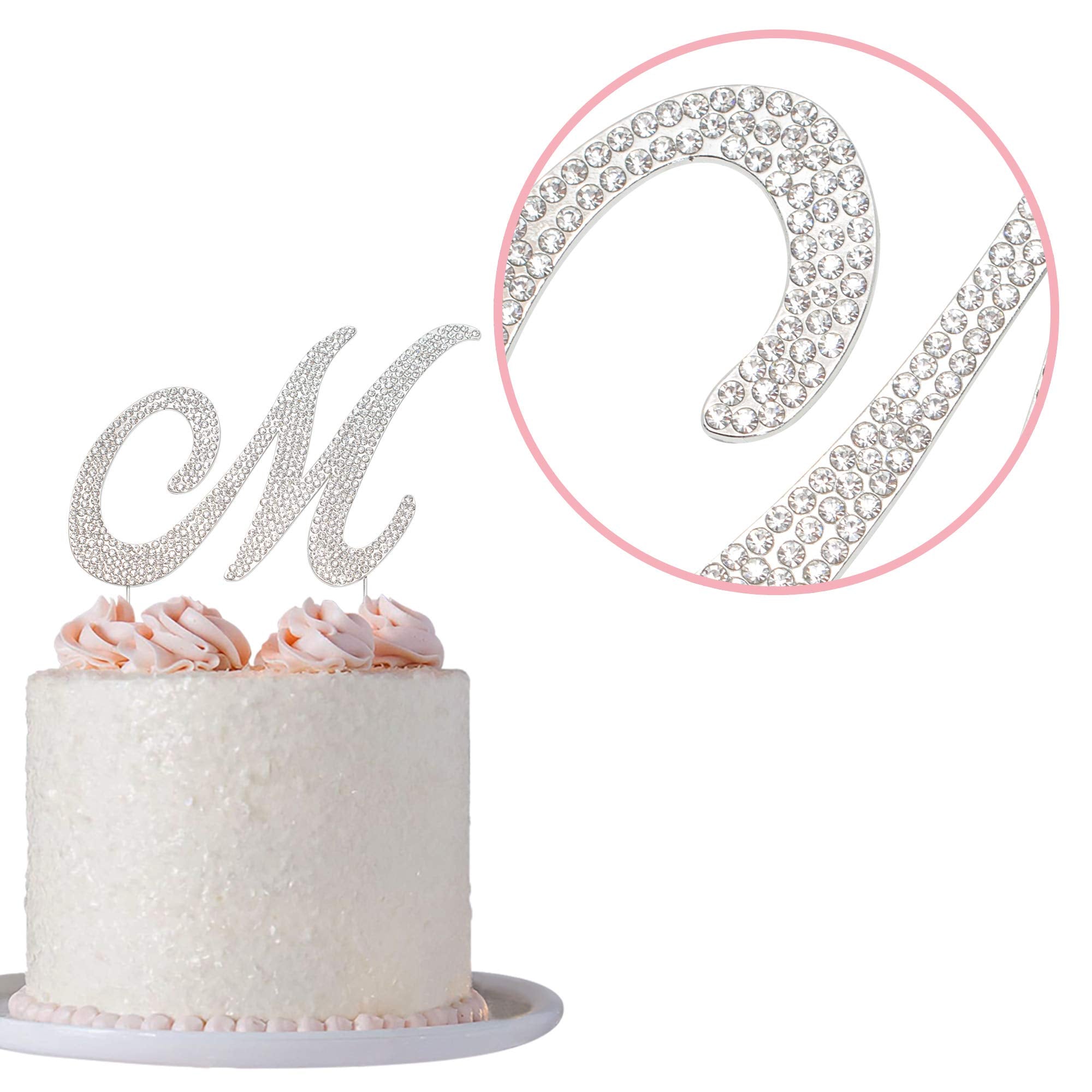 Crystal Creations Letter M Cake Topper – Premium Silver Metal with Rhinestones (Boxed for Safe Shipping)