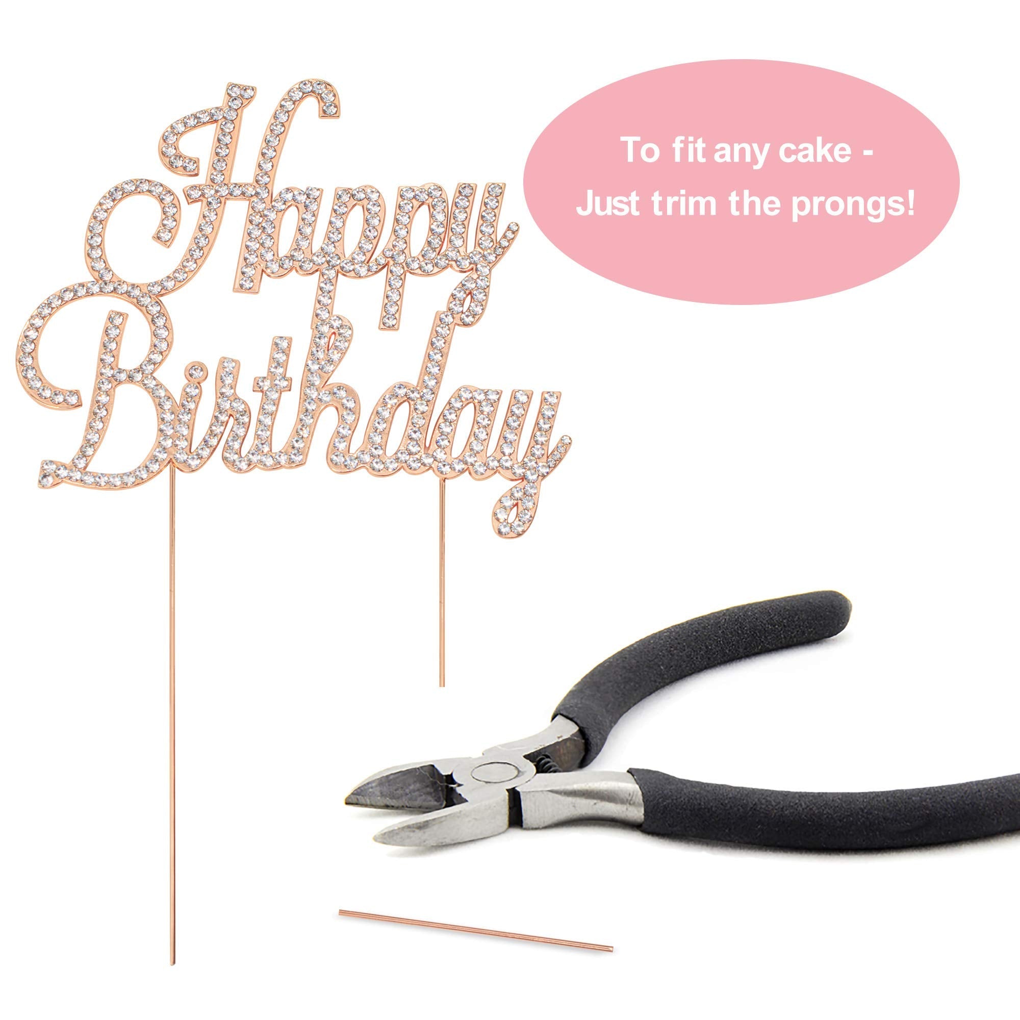 Crystal Creations Happy Birthday Cake Topper - Rose Gold Metal with Rhinestones, Protective Packaging