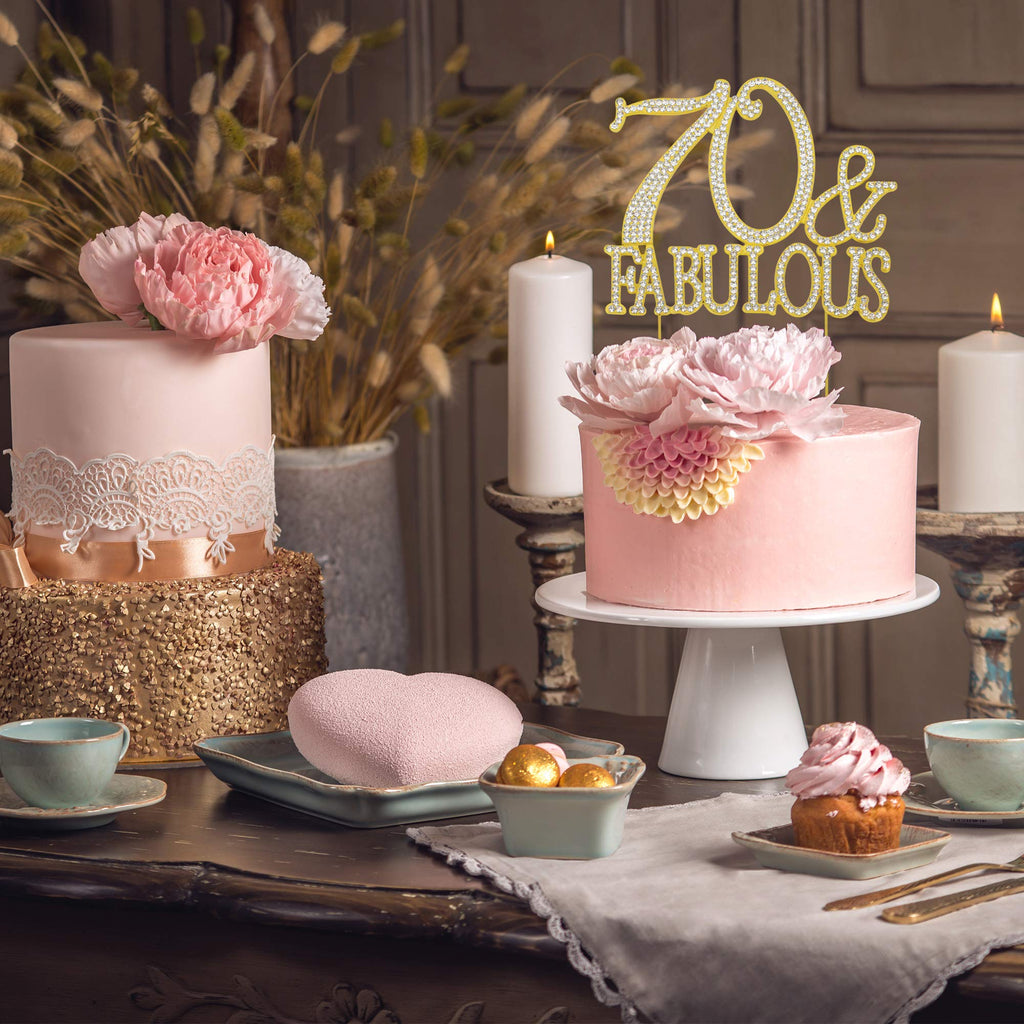 Crystal Creations 70 Cake Topper - Premium Gold Metal, 70 and Fabulous