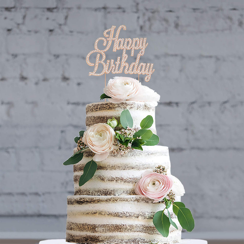 Crystal Creations Happy Birthday Cake Topper - Rose Gold Metal with Rhinestones, Protective Packaging