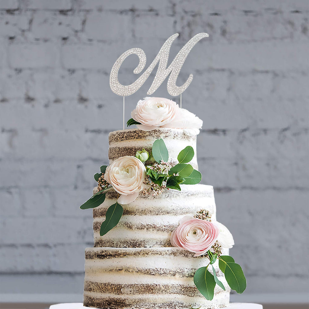 Crystal Creations Letter M Cake Topper – Premium Silver Metal with Rhinestones (Boxed for Safe Shipping)