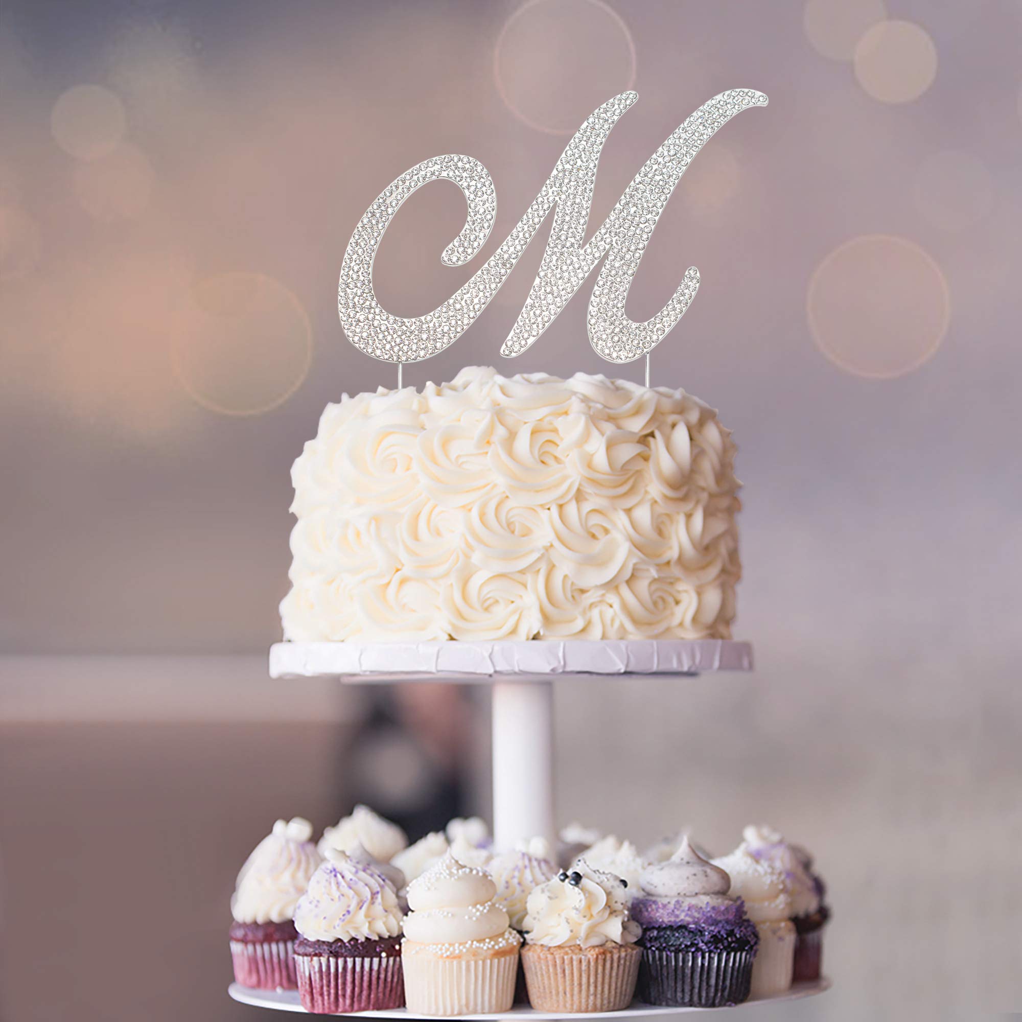 Crystal Creations Letter M Cake Topper – Premium Silver Metal with Rhinestones (Boxed for Safe Shipping)