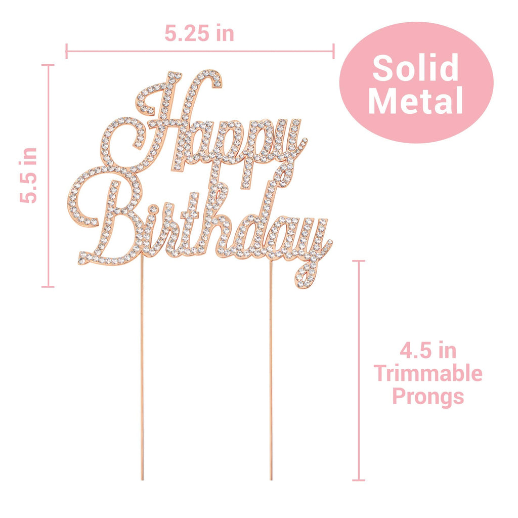 Crystal Creations Happy Birthday Cake Topper - Rose Gold Metal with Rhinestones, Protective Packaging