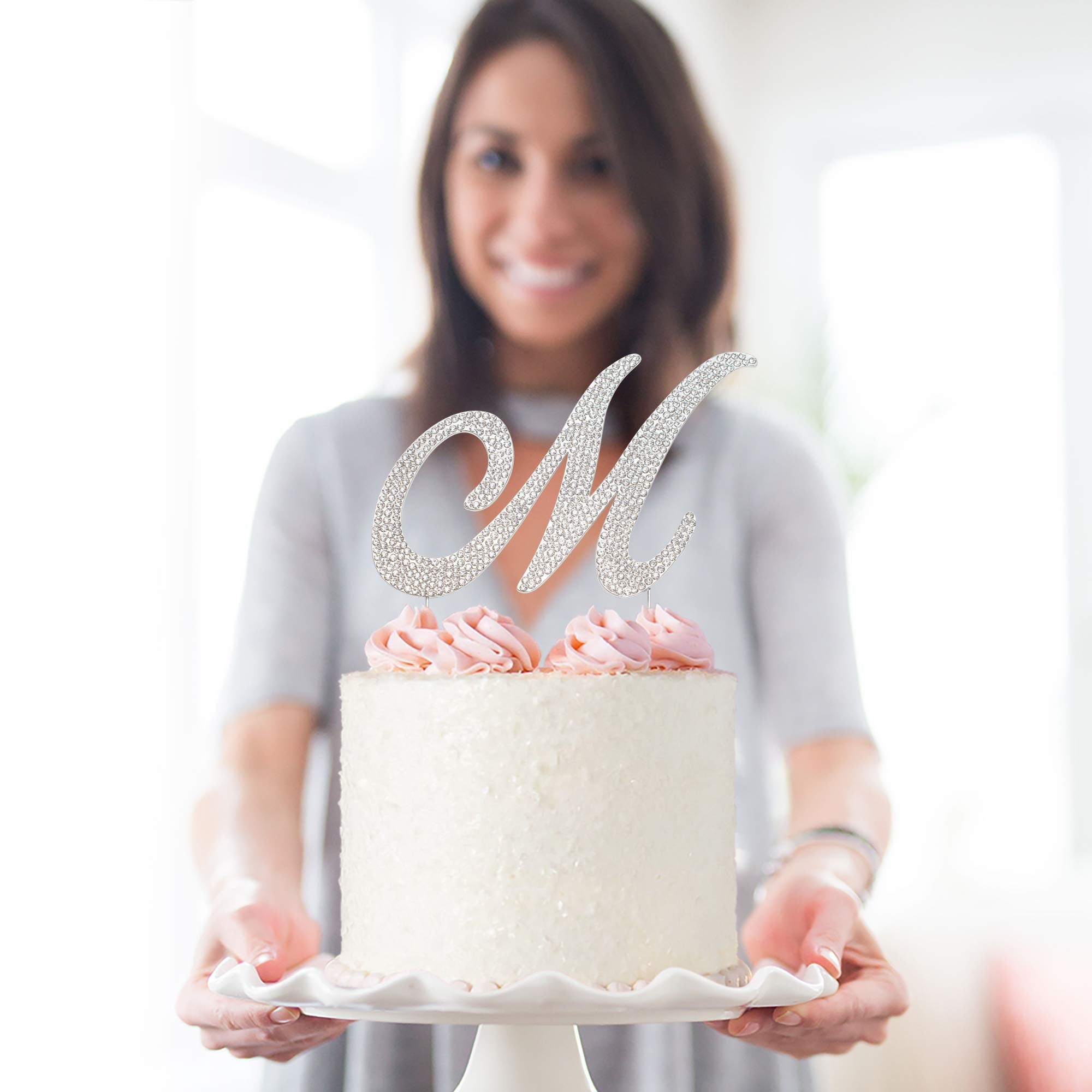Crystal Creations Letter M Cake Topper – Premium Silver Metal with Rhinestones (Boxed for Safe Shipping)