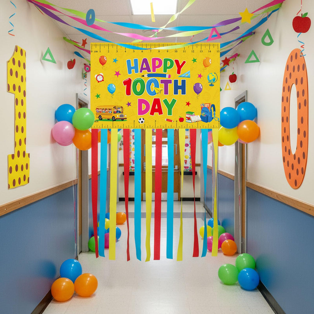 Ctosree 100th Day of School Banner — Happy 100 Days Door Sign for Classroom & Party Decor (Yellow, Ruler Style)