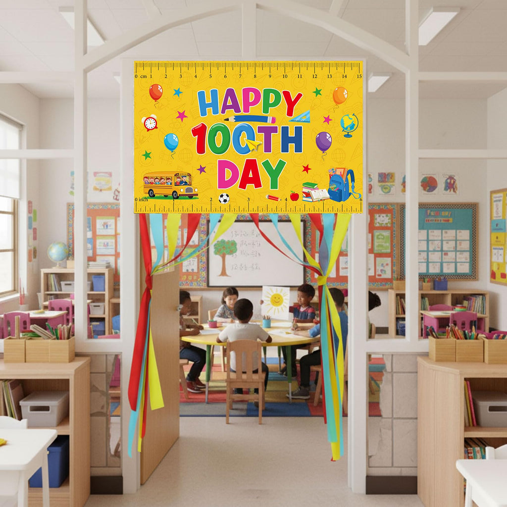 Ctosree 100th Day of School Banner — Happy 100 Days Door Sign for Classroom & Party Decor (Yellow, Ruler Style)