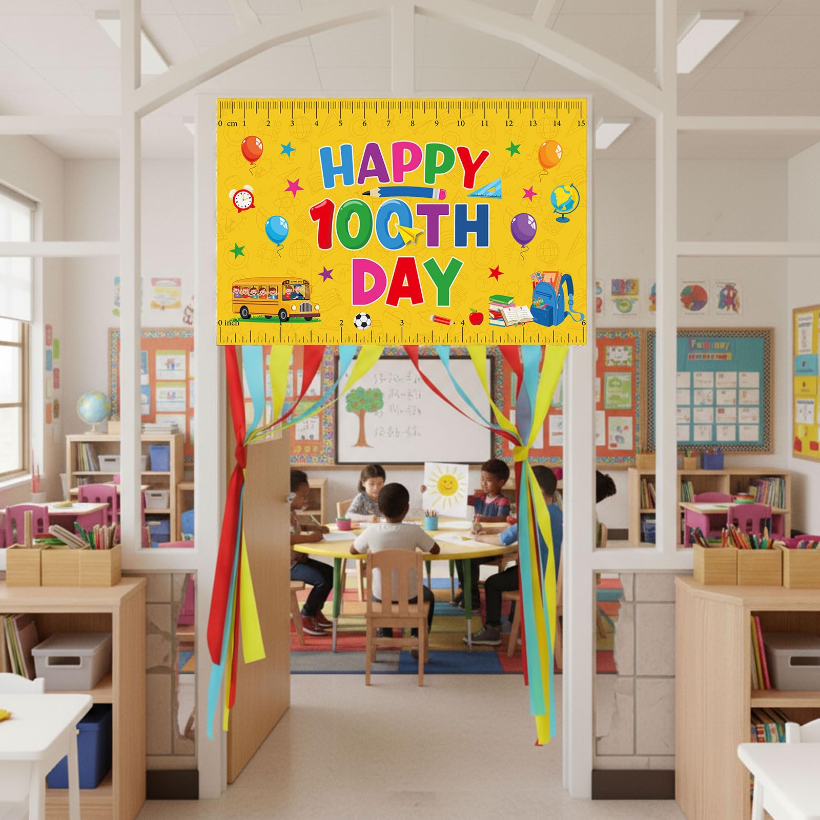 Ctosree 100th Day of School Banner — Happy 100 Days Door Sign for Classroom & Party Decor (Yellow, Ruler Style)