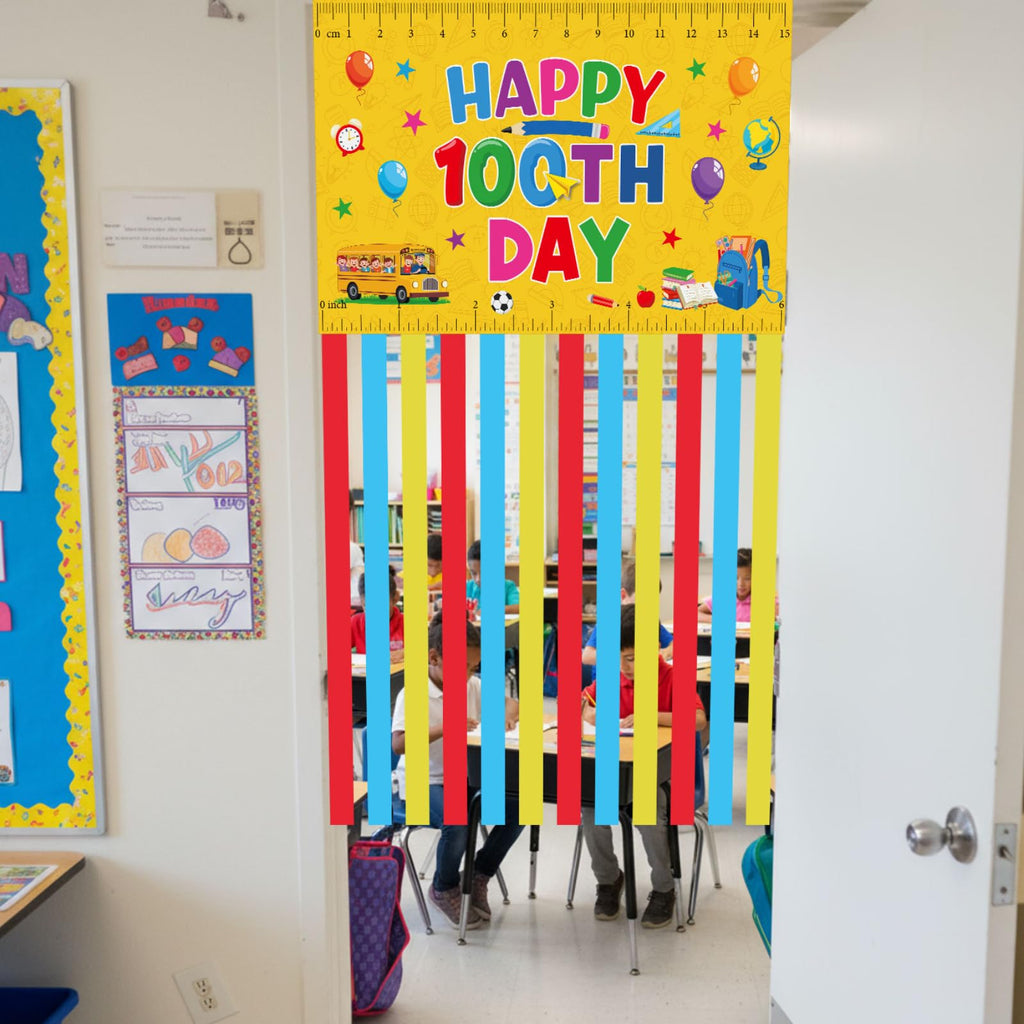 Ctosree 100th Day of School Banner — Happy 100 Days Door Sign for Classroom & Party Decor (Yellow, Ruler Style)